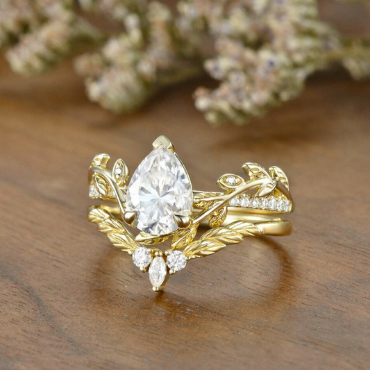 Unique Leaf Nature-Inspired Gold Pear Moissanite Engagement Ring Set Bridal Set