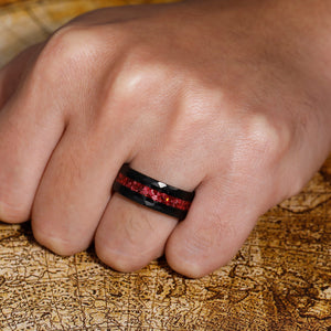 8mm Black Tungsten Men's Wedding Band with Crushed Red Ruby Inlay - Hammered Design Promise Ring for Him - anerjuly