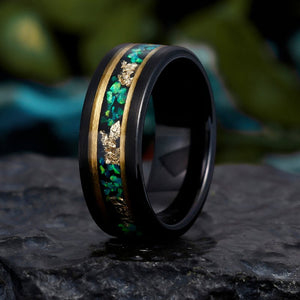 His Ring - Black Tungsten Ring with Emerald Green Opal & Gold Leaf Inlay