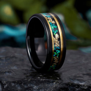 His Ring - Black Tungsten Ring with Emerald Green Opal & Gold Leaf Inlay