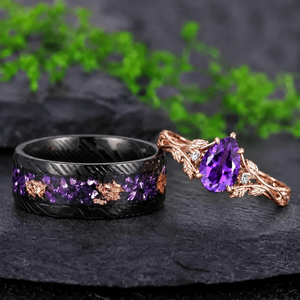 Nature Inspired Pear Amethyst and Hammered Damascus Steel Couple Ring Set with Gold Foil Inlay - Couple Rings