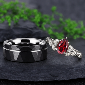 Nature Inspired Leaf Pear Red Garnet and Two-Tone Tungsten Couple Ring Set - Couple Rings