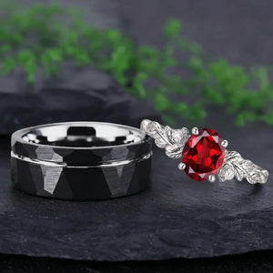 Vintage Leaf Branch Red Garnet and Two-Tone Black & Brushed Silver Tungsten Couple Ring Set - Couple Rings