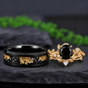 Vintage Yellow Gold Black Onyx and Step Edge Black Tungsten Couple Ring Set - Couple Rings