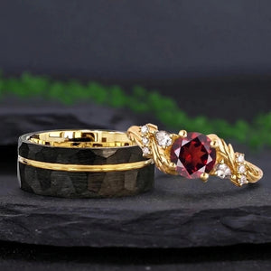 Vintage Yellow Gold Twisted Leaf Red Garnet and Hammered Black Tungsten Couple Ring Set - Couple Rings
