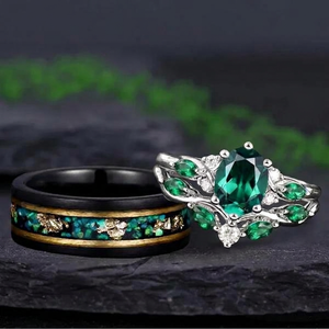Vintage Leaf Oval Emerald and Black Tungsten Couple Ring Set with Green Opal Inlay - Couple Rings