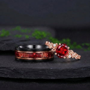 Vintage Leaf Branch Red Garnet and Black Tungsten Couple Ring Set with Red Fire Opal Inlay - Couple Rings