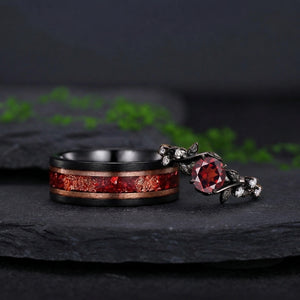 Gothic Floral Vine Red Garnet and Black Tungsten Couple Ring Set with Red Fire Opal Inlay - Couple Rings