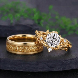 Leaf & Vine Round Cut White Moissanite and Hammered Gold Tungsten Ring with Textured Gold Foil Inlay Couple Ring Set - Couple Rings