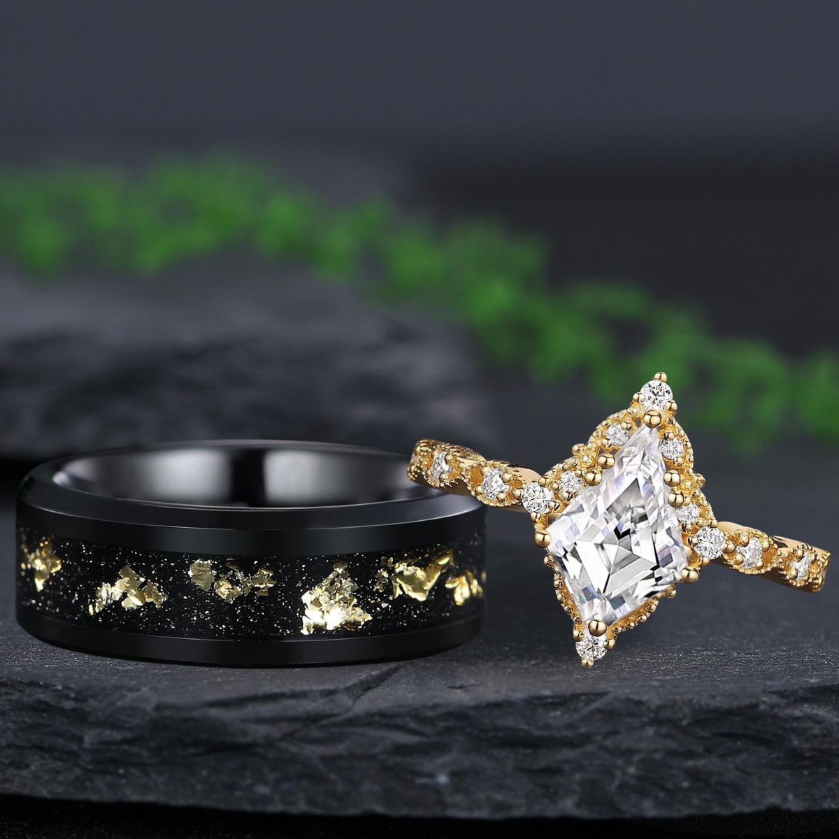 Antique Art Deco Couple Ring Set His and Her Wedding Band Engagement Ring matching rings