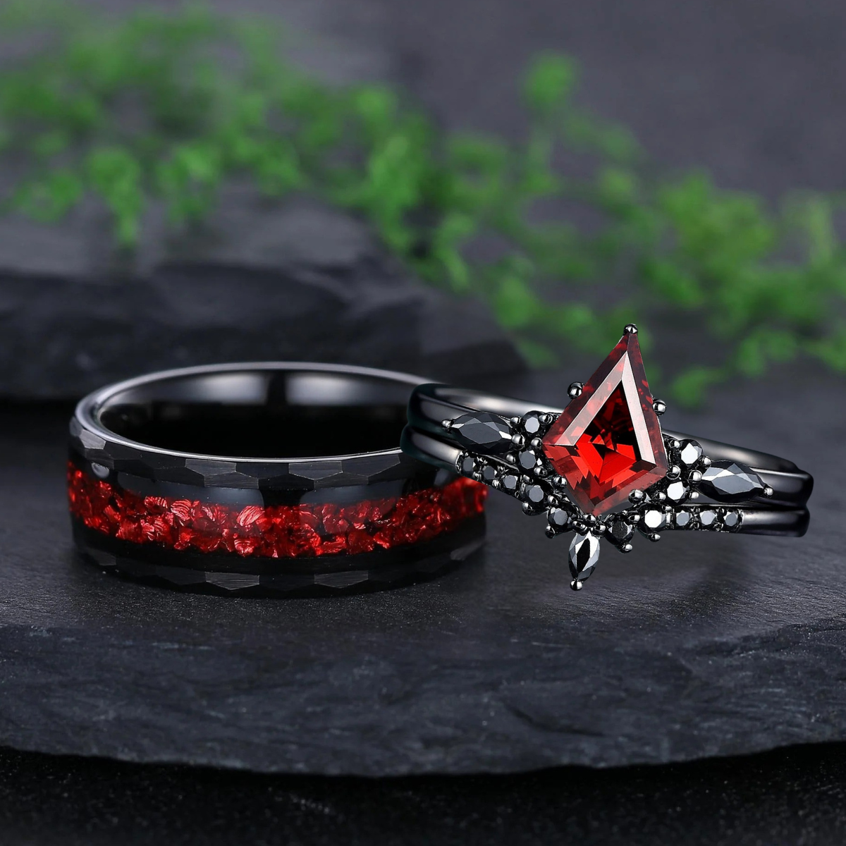 Red Couples Ring Set Garnet Engagement Ring Set Black Gold Couple Rings Tungsten Wedding Band Promise Ring for Her
