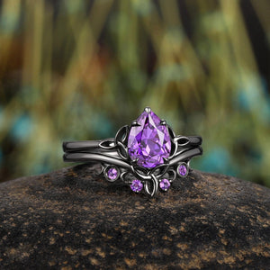 amethyst Pear Cut wedding ring black gold couple ring set promise rings his and her rings - anerjuly