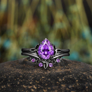 amethyst Pear Cut wedding ring black gold couple ring set promise rings his and her rings - anerjuly