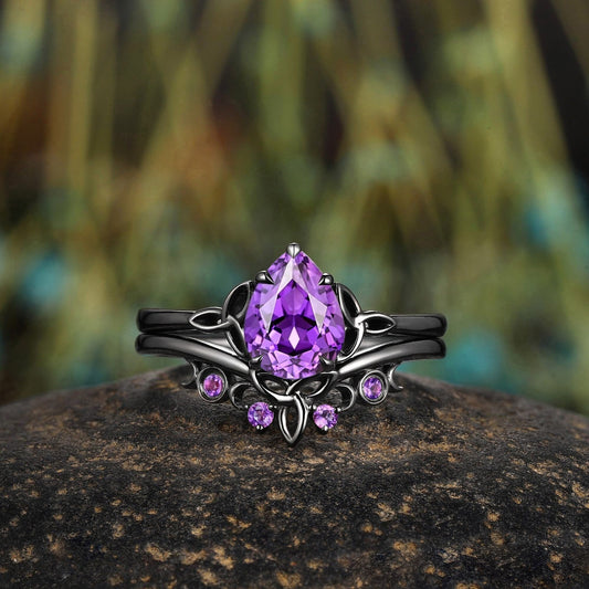 amethyst Pear Cut wedding ring black gold couple ring set promise rings his and her rings - anerjuly