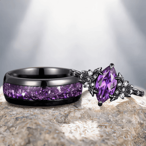 amethyst wedding ring marquise black gold couple ring set promise rings his and her rings - anerjuly