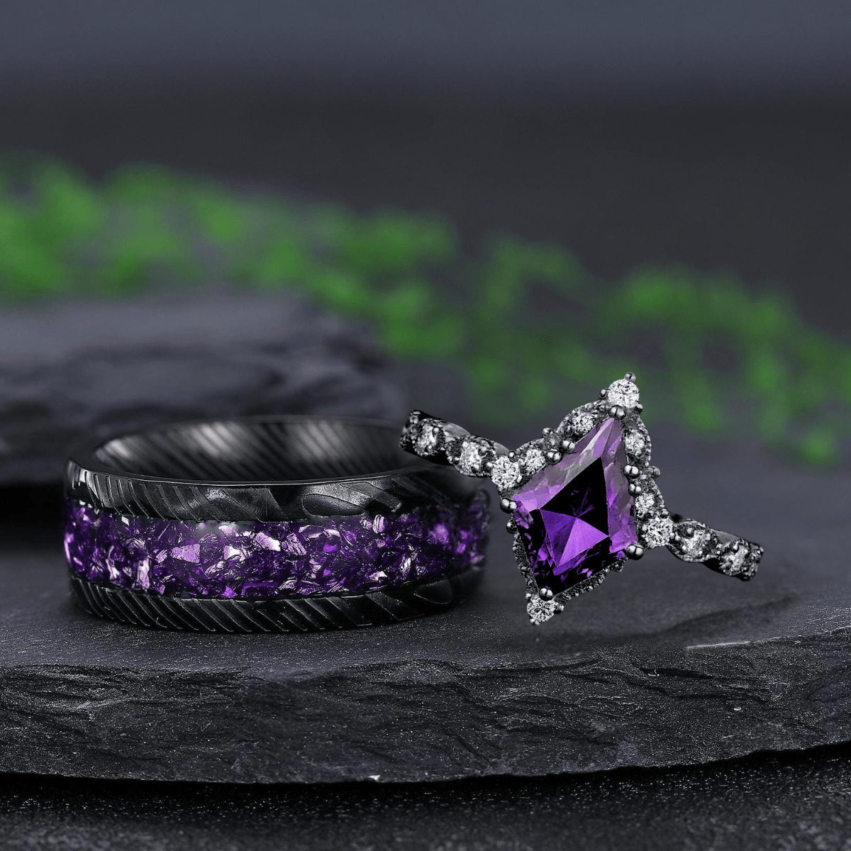 Antique Amethyst Art Deco Couple Ring Set His and Her Wedding Band Engagement Ring matching rings - anerjuly
