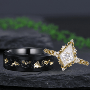 Antique Art Deco Couple Ring Set His and Her Wedding Band Engagement Ring matching rings - anerjuly