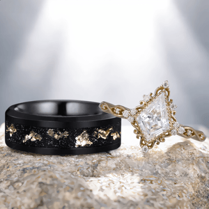 Antique Art Deco Couple Ring Set His and Her Wedding Band Engagement Ring matching rings - anerjuly