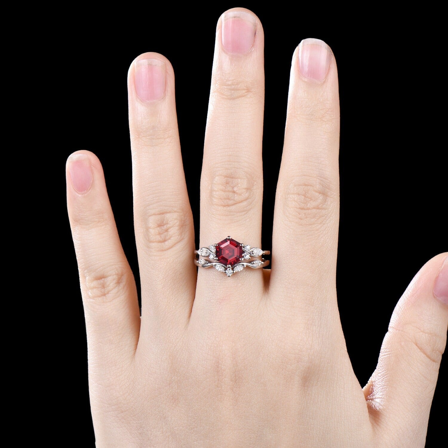Antique Hexagon Cut Red Garnet Engagement Ring Set Leaf Gold Women Bridal Promise Ring - anerjuly