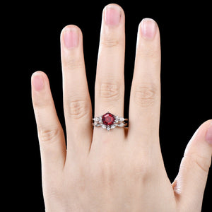 Antique Hexagon Cut Red Garnet Engagement Ring Set Leaf Gold Women Bridal Promise Ring - anerjuly