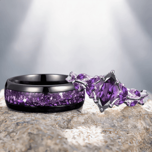 Antique Marquise Cut Amethyst Art Deco Couple Ring Set His and Her Engagement Ring matching rings - anerjuly