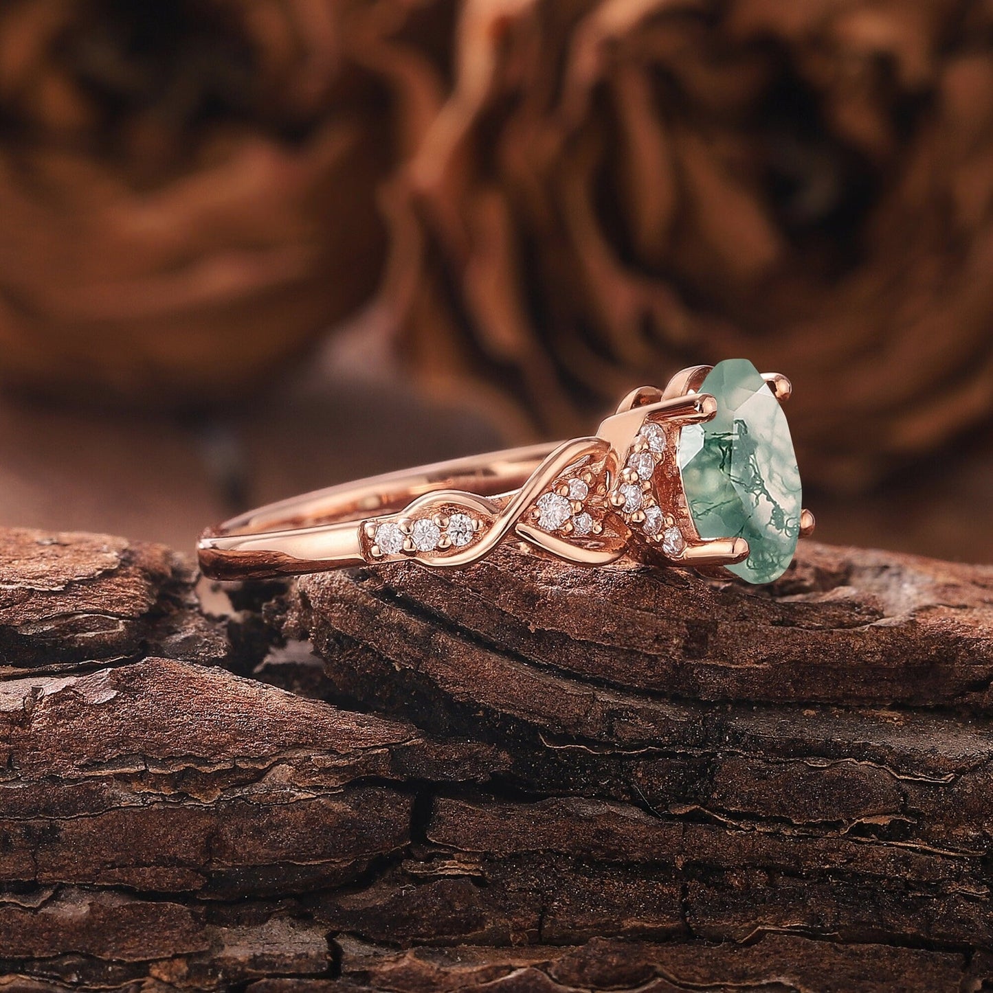 Antique Oval Cut Natural Moss Agate Engagement Ring Vintage Halo Leaf Nature Inspired Ring Rose Gold Ring - anerjuly