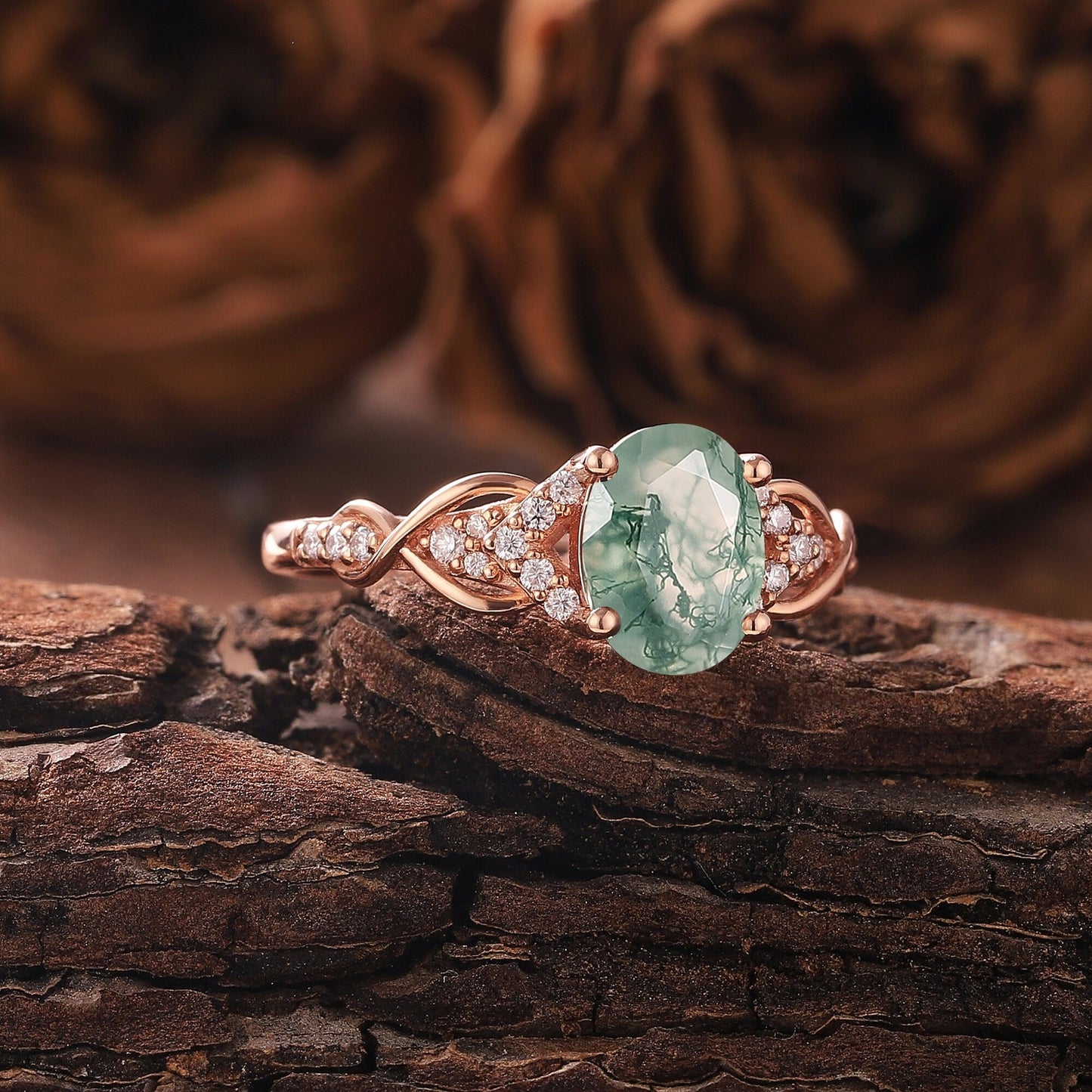 Antique Oval Cut Natural Moss Agate Engagement Ring Vintage Halo Leaf Nature Inspired Ring Rose Gold Ring - anerjuly