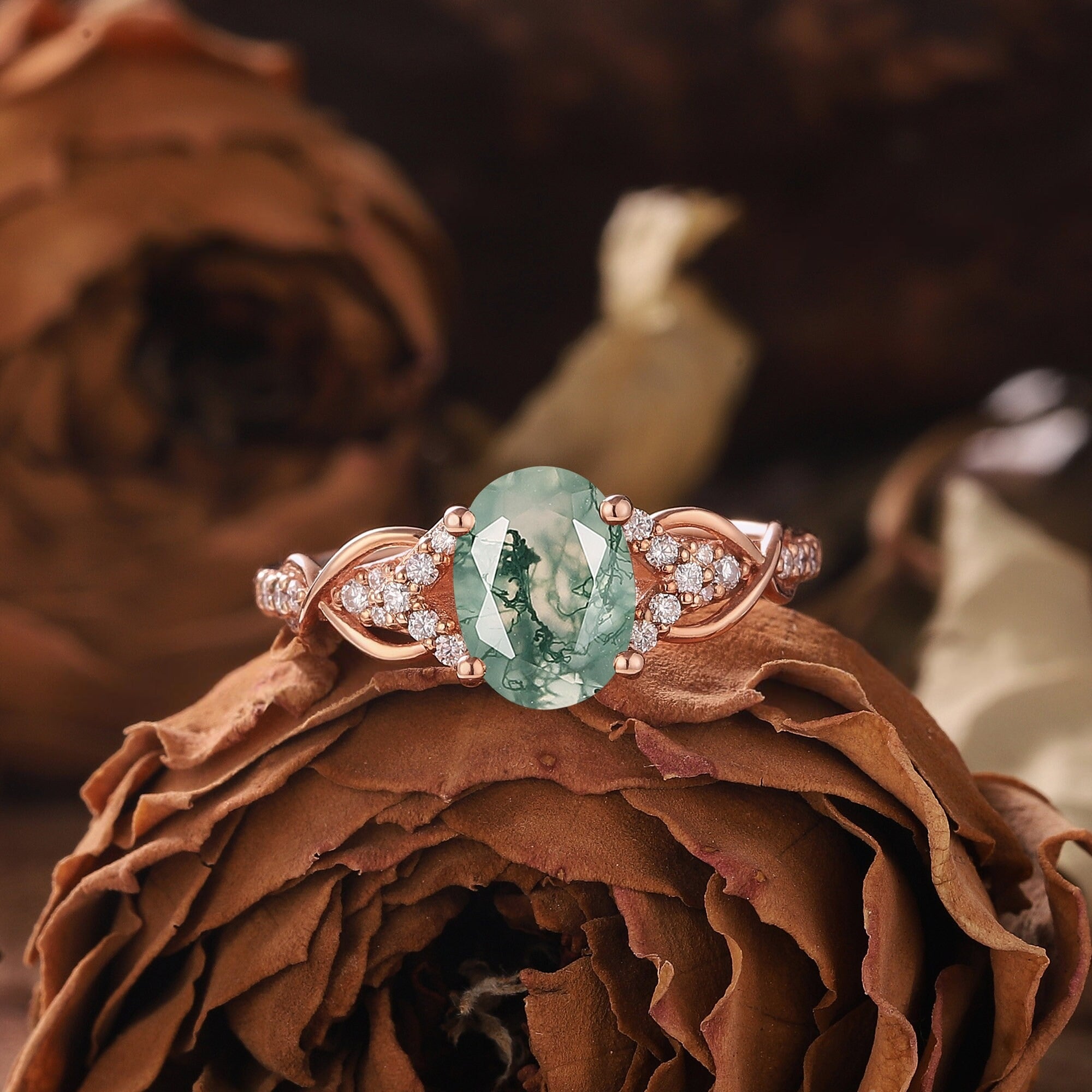 Antique Oval Cut Natural Moss Agate Engagement Ring Vintage Halo Leaf Nature Inspired Ring Rose Gold Ring - anerjuly