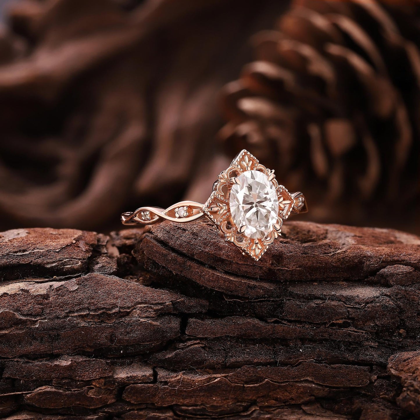 Antique Oval Shaped Moissanite Engagement Ring Moissanite Wedding Ring Cluster Ring Art Deco Rose Gold Ring Anniversary Gift for Her - anerjuly