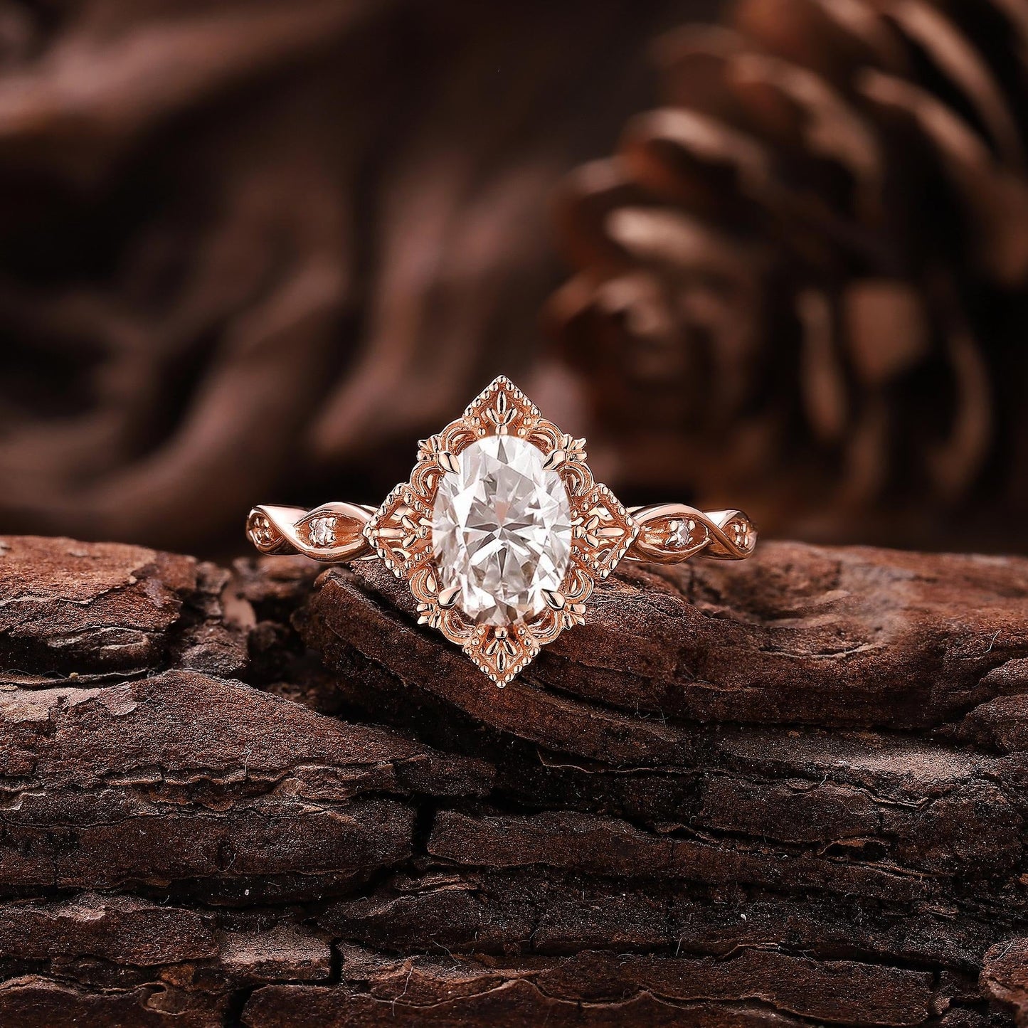 Antique Oval Shaped Moissanite Engagement Ring Moissanite Wedding Ring Cluster Ring Art Deco Rose Gold Ring Anniversary Gift for Her - anerjuly