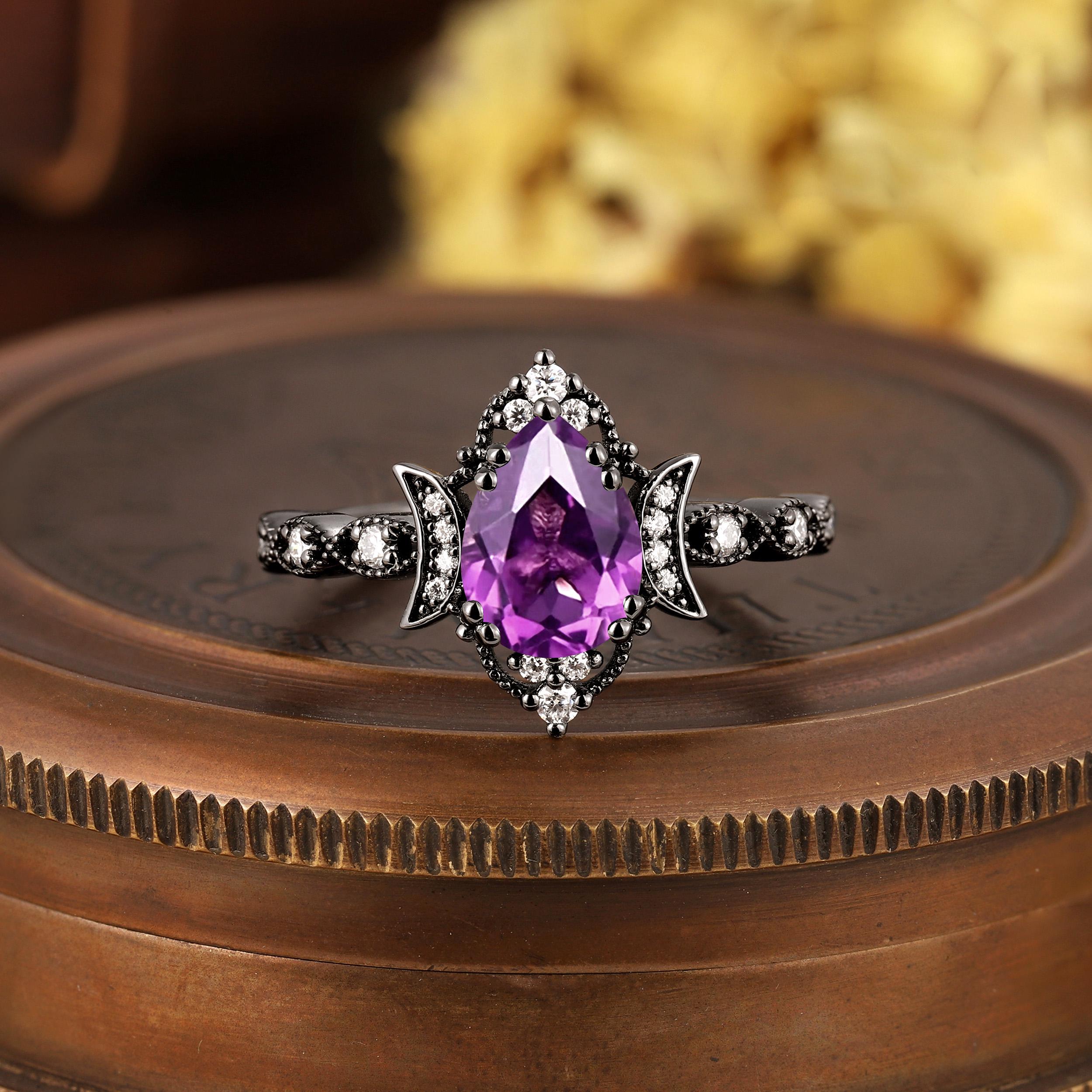 Art Deco amethyst wedding ring black gold couple ring set promise rings his and her rings - anerjuly