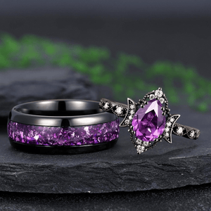 Art Deco amethyst wedding ring black gold couple ring set promise rings his and her rings - anerjuly
