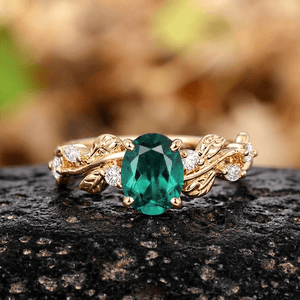 Art Deco Emerald Oval Leaf Design Tungsten Unique His and Hers Rings Emerald Unique Couple Ring - anerjuly