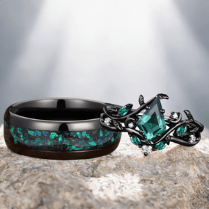 Art Deco Emerald Pear Cut Leaf Design Tungsten Unique His and Hers Rings Emerald Unique Couple Ring - anerjuly