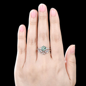 Art Deco Hexagon Cut Unique Moss Agate Couple Ring His and Her Matching Wedding Band - anerjuly