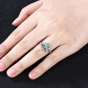 Art Deco Hexagon Cut Unique Moss Agate Couple Ring His and Her Matching Wedding Band - anerjuly