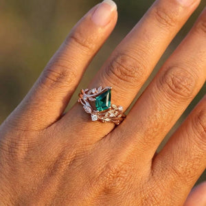 Art Deco Kite Cut Emerald Engagement Ring Set Unique Leaf Nature Inspired Ring - anerjuly
