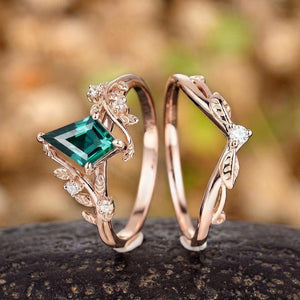 Art Deco Kite Cut Emerald Engagement Ring Set Unique Leaf Nature Inspired Ring - anerjuly