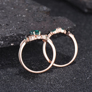 Art Deco Kite Cut Emerald Engagement Ring Set Unique Leaf Nature Inspired Ring - anerjuly