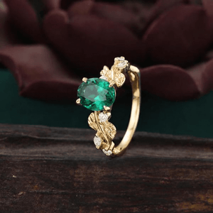 Art Deco Oval Cut Emerald Engagement Ring Sets Gothic Leaf Enhance Stack Curved Wedding Band - anerjuly