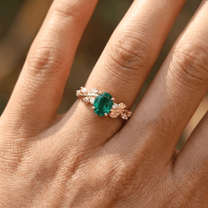 Art Deco Oval Cut Emerald Engagement Ring Sets Gothic Leaf Enhance Stack Curved Wedding Band - anerjuly