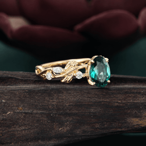 Art Deco Oval Cut Emerald Engagement Ring Sets Gothic Leaf Enhance Stack Curved Wedding Band - anerjuly