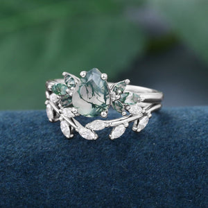 Art Deco Pear shaped Unique Moss Agate Couple Ring His and Her Matching Rings - anerjuly