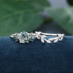 Art Deco Pear shaped Unique Moss Agate Couple Ring His and Her Matching Rings - anerjuly
