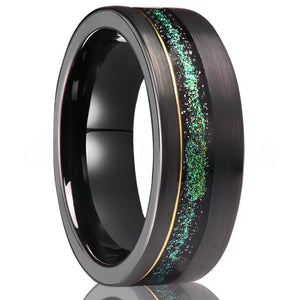 Black Gold Tungsten Ring with Crushed Emerald & Nebula Meteorite Inlay Men's Tungsten Ring - anerjuly
