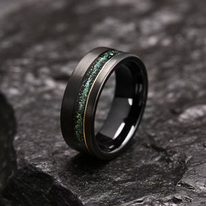 Black Gold Tungsten Ring with Crushed Emerald & Nebula Meteorite Inlay Men's Tungsten Ring - anerjuly