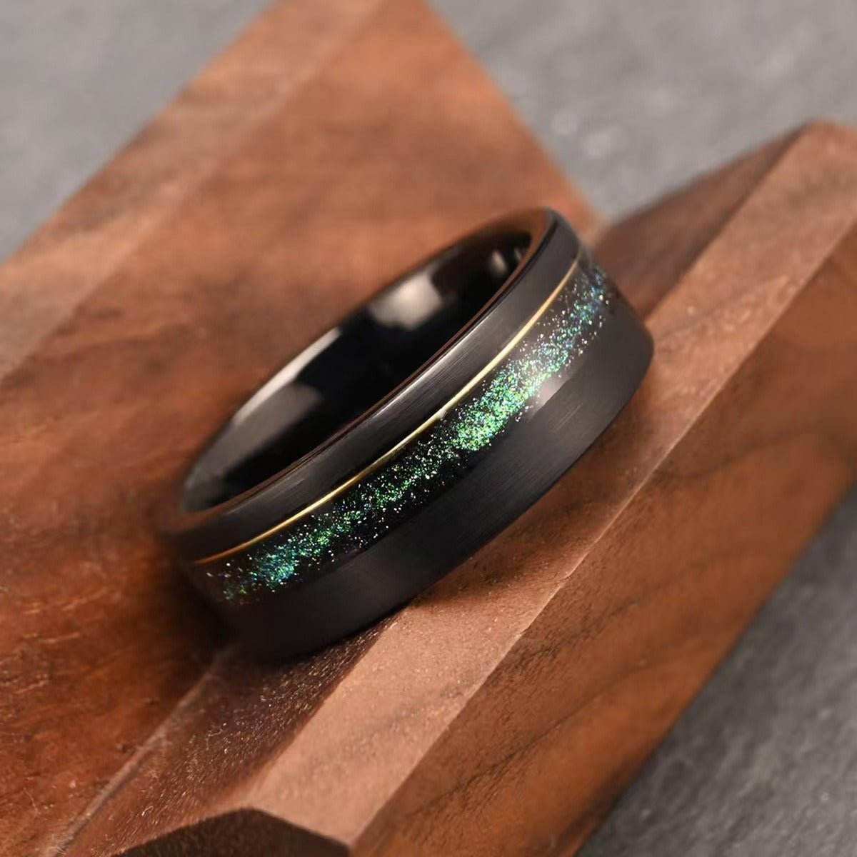 Black Gold Tungsten Ring with Crushed Emerald & Nebula Meteorite Inlay Men's Tungsten Ring - anerjuly