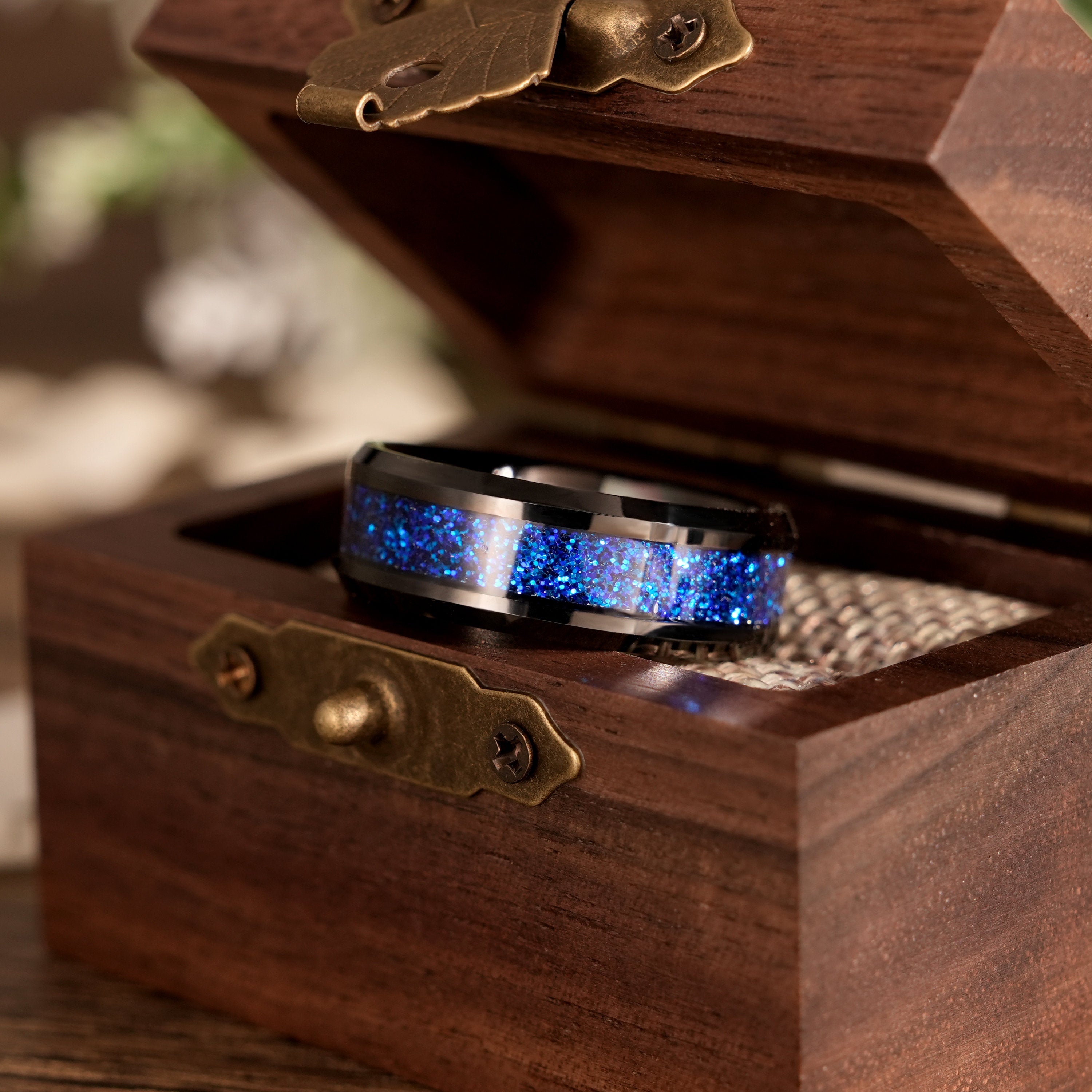 Black Nebula Tungsten Ring with Blue Sandstone Space Galaxy Design - anerjuly