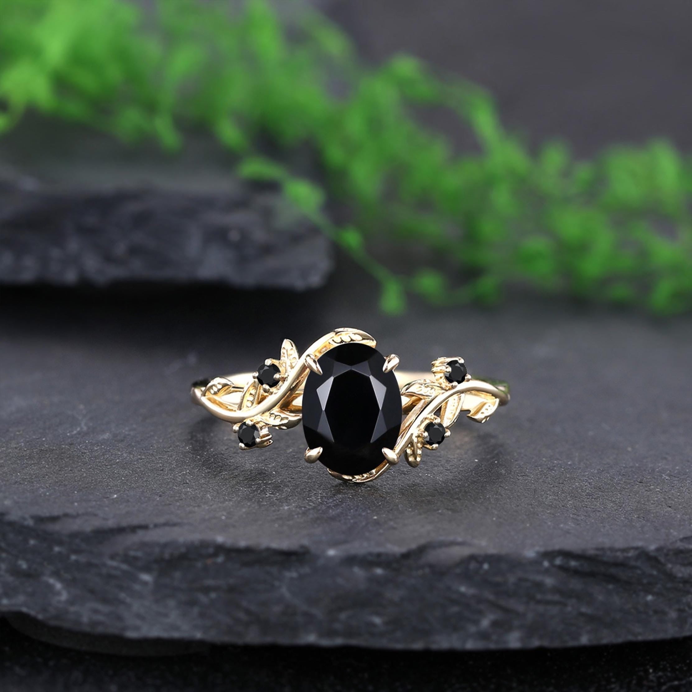 Black Onyx Couple Ring Set Wedding Band Vintage Art Deco Engagement Ring matching rings - anerjuly