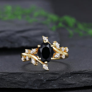 Black Onyx Couple Ring Set Yellow Gold Vintage Art Deco Engagement Ring matching rings - anerjuly